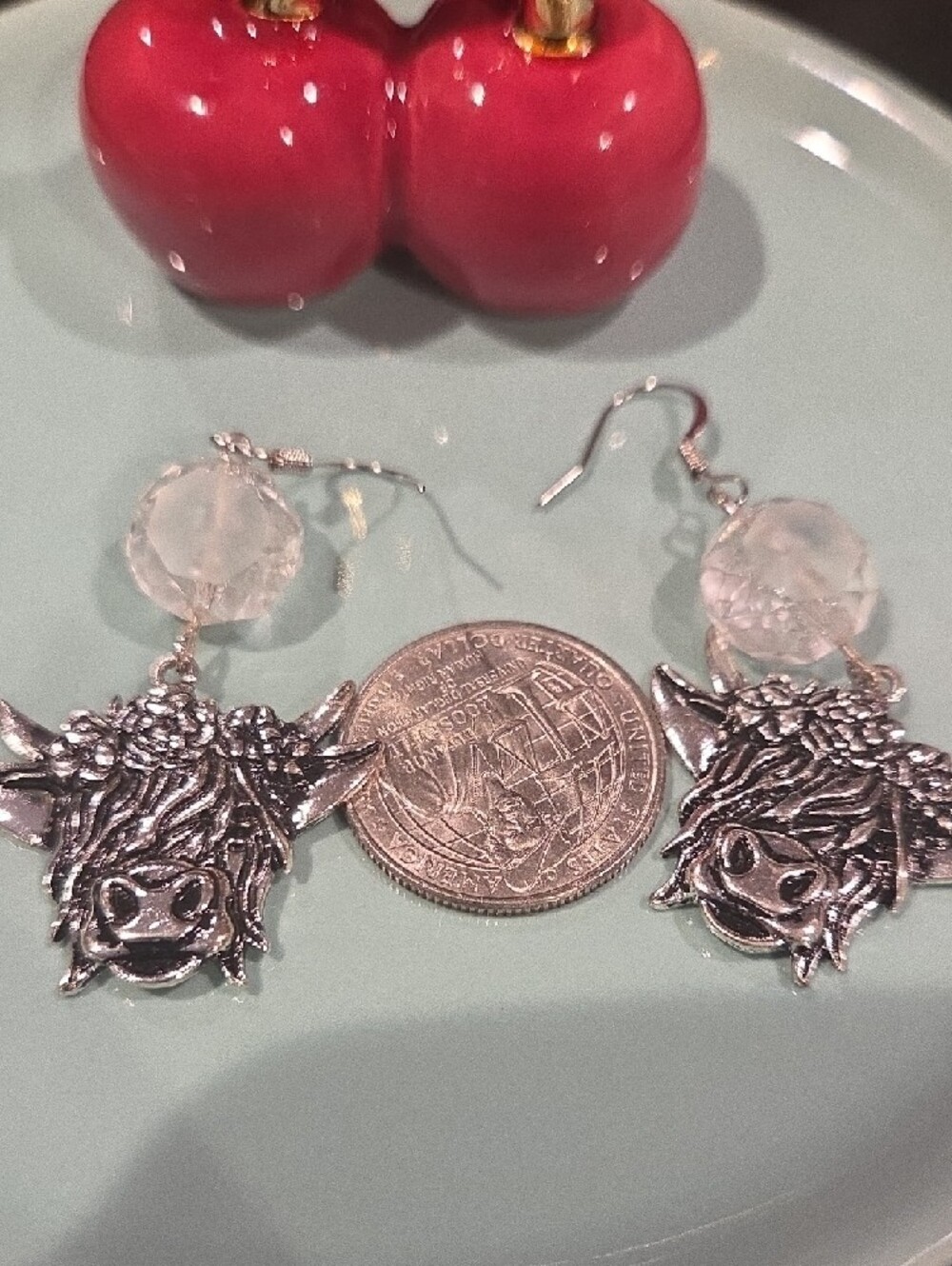 Silver Highland Cow Dangle Earrings with Clear Bead - Women Jewelry - Picture 2 of 5